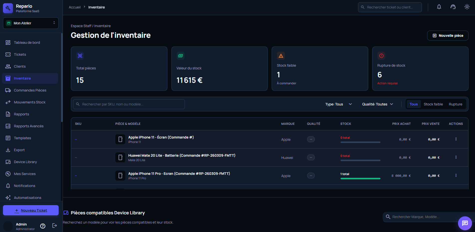 Gestion stock pièces détachées téléphone — Repario