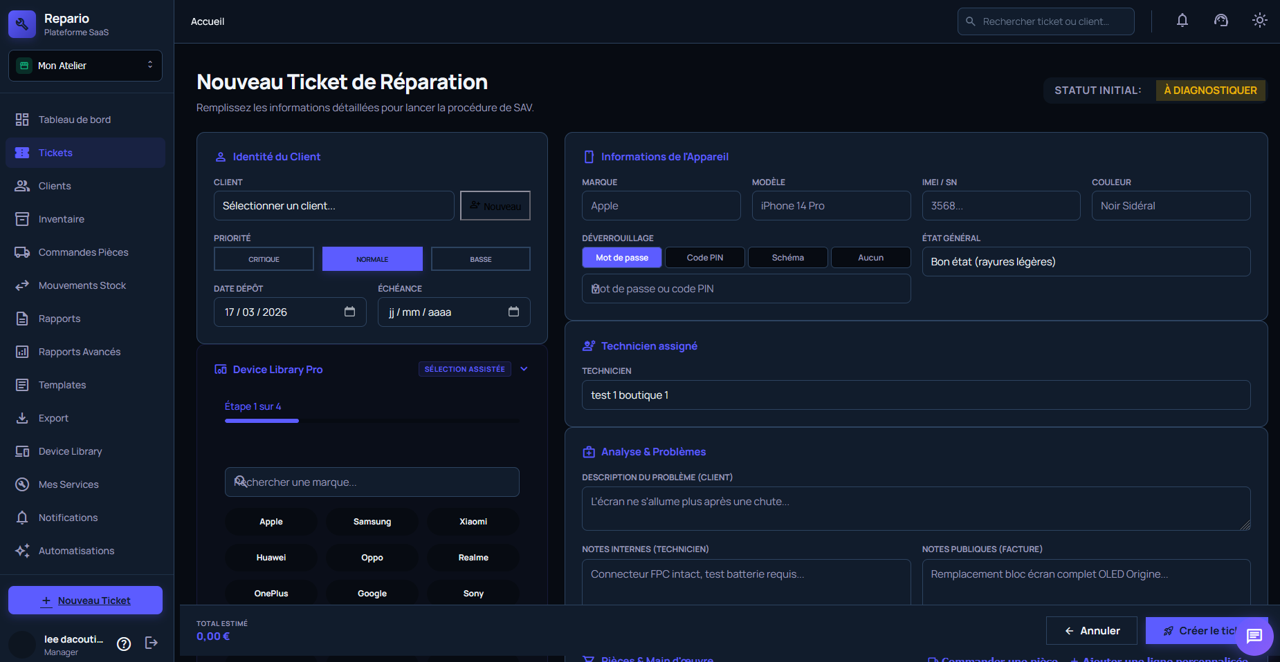 Création ticket de réparation smartphone — Repario