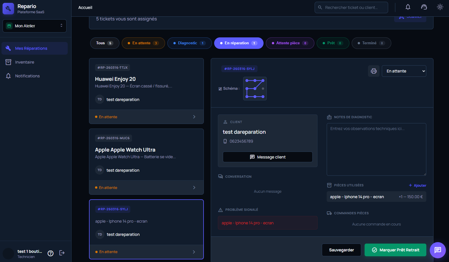 Espace technicien atelier réparation — Repario