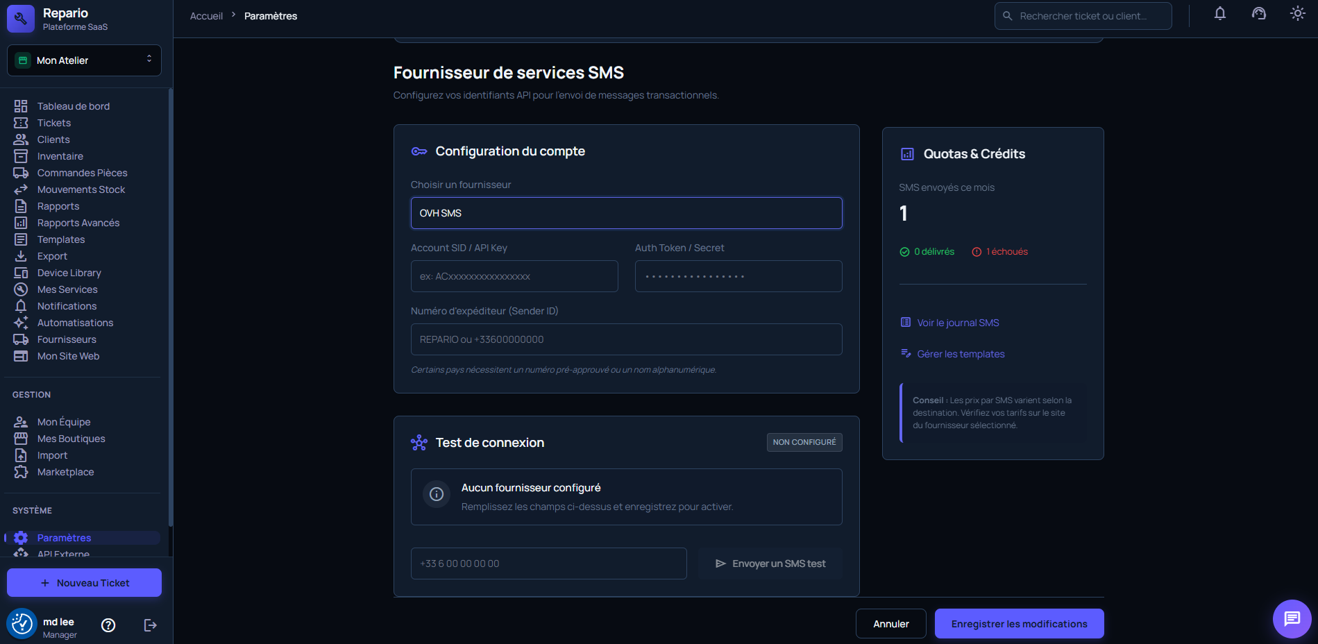 Notifications SMS automatiques réparation — Repario