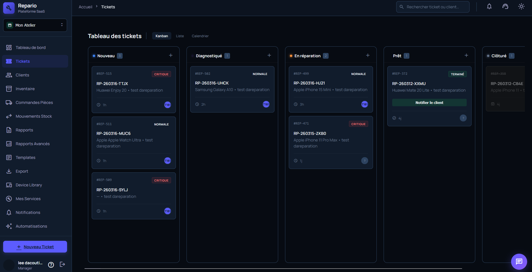 Vue Kanban tickets réparation smartphone — Repario