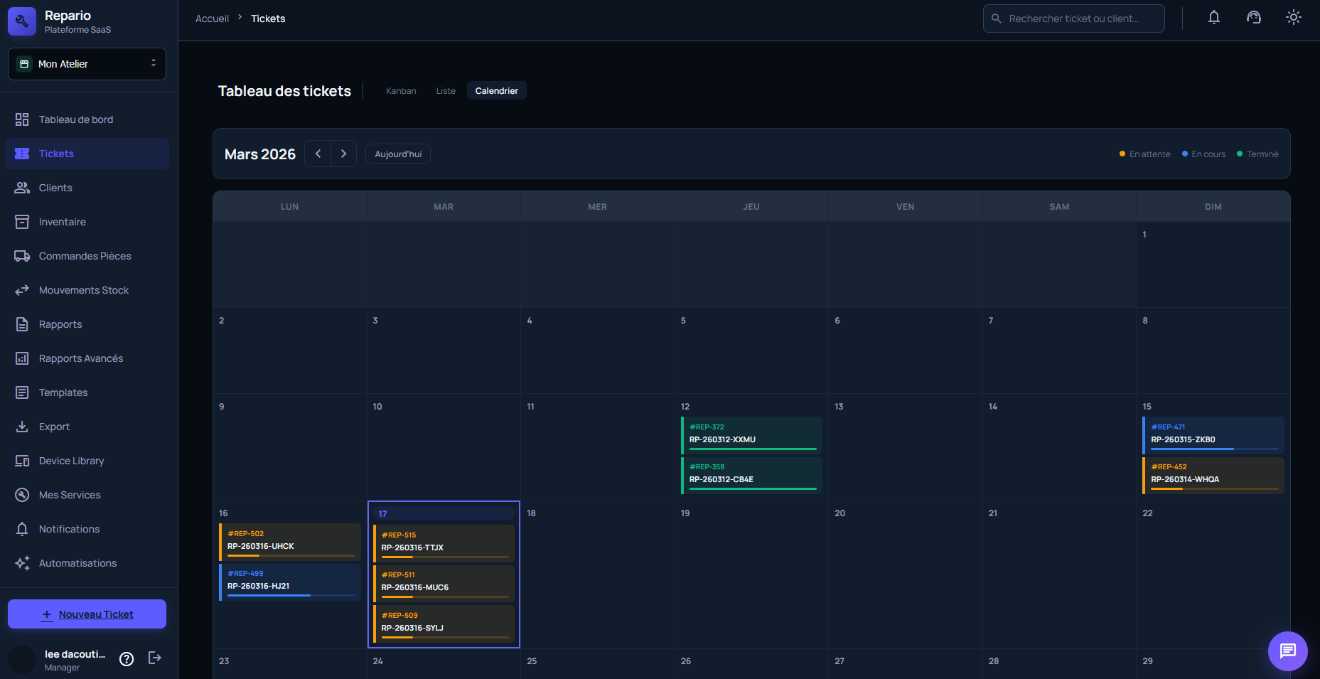 Calendrier suivi réparations — logiciel atelier Repario