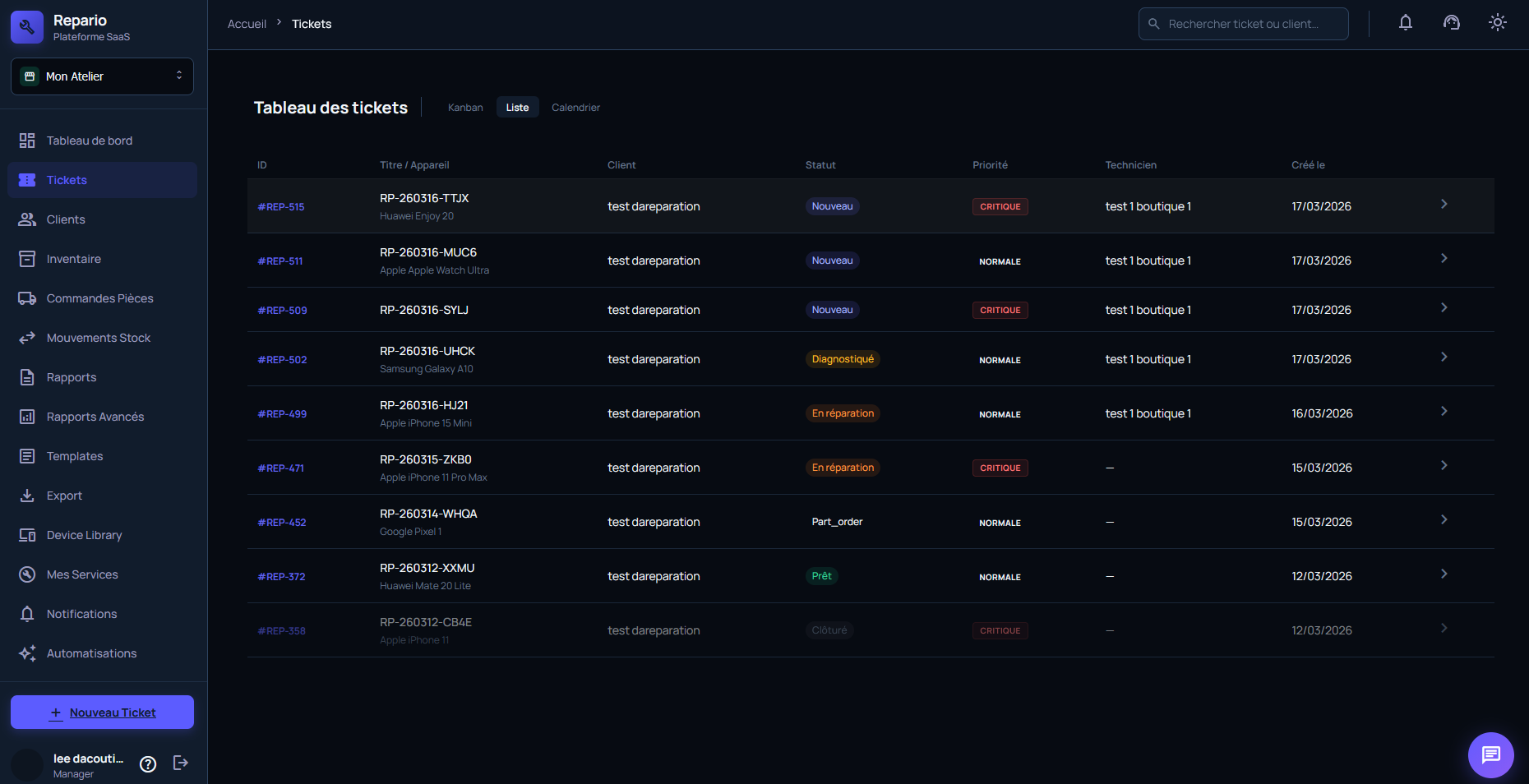 Liste tickets réparation téléphone — Repario