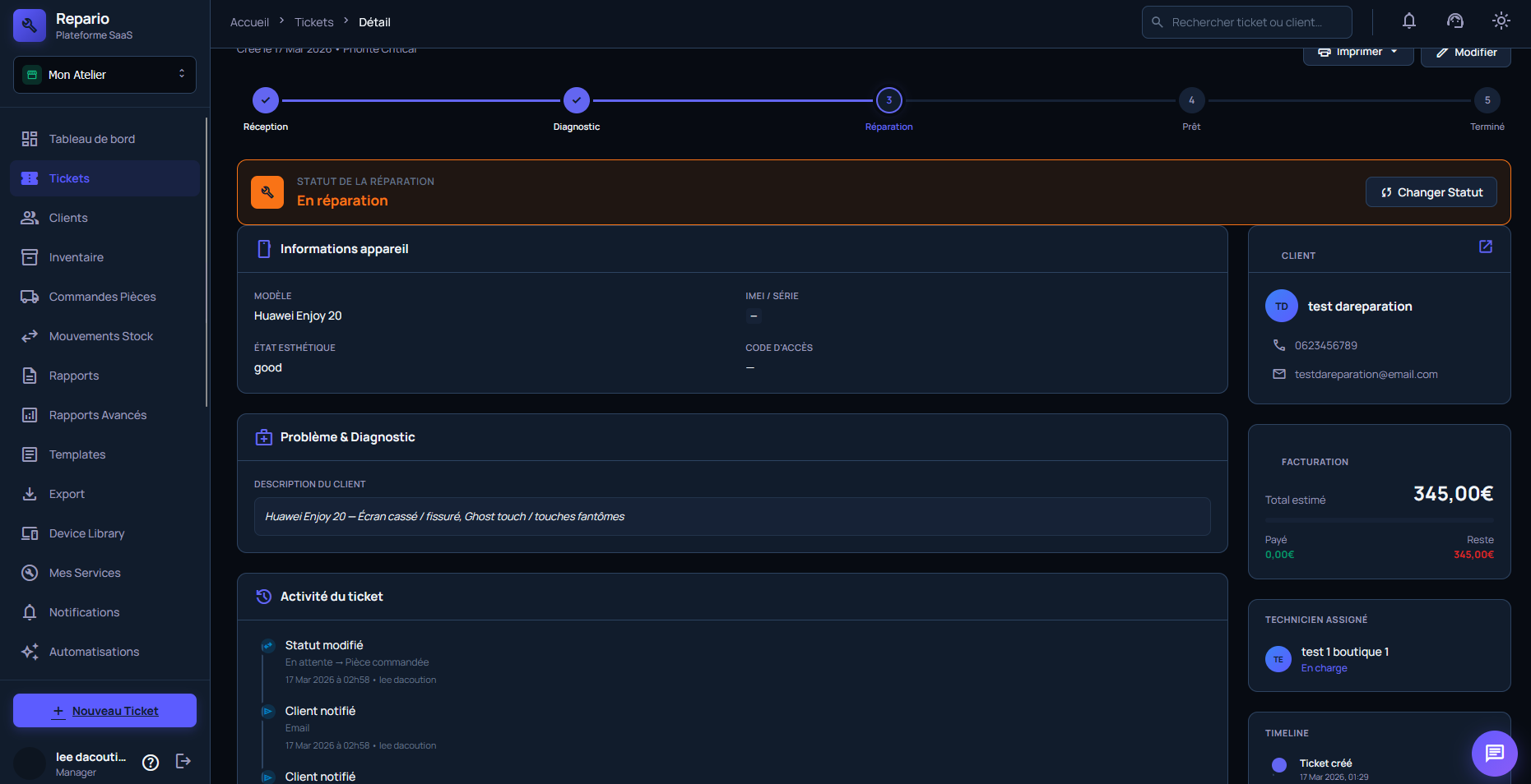 Statuts réparation client en temps réel — Repario